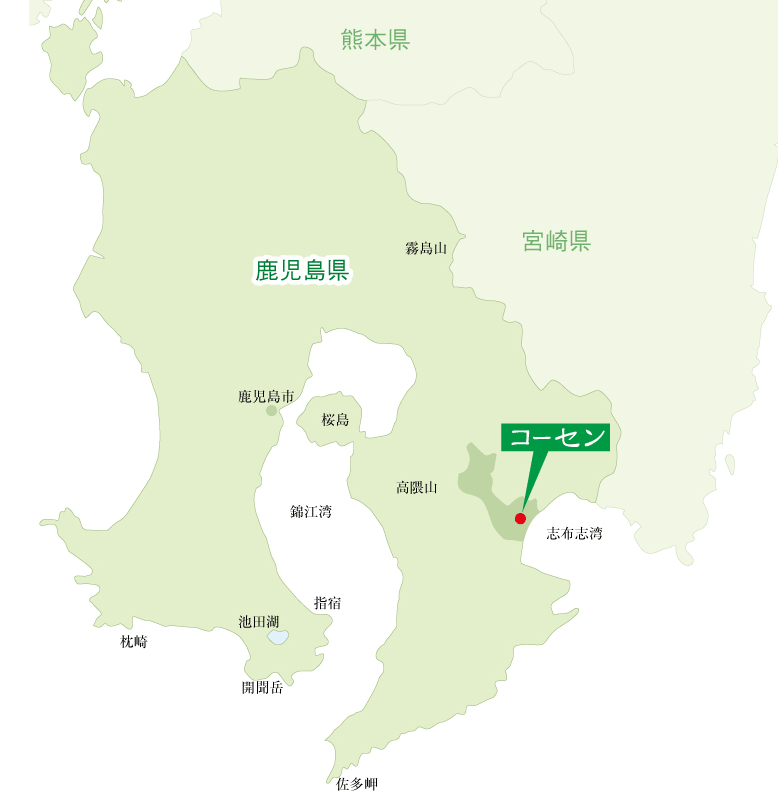 地図、鹿児島県内の大崎町の中にある株式会社コーセン