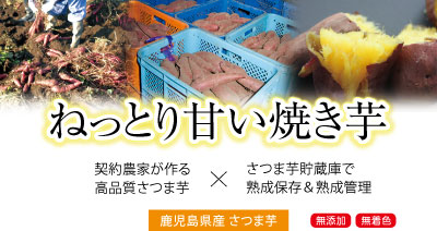 sp表示用画像。ねっとり甘い焼き芋。鹿児島県の契約農家が作る高品質のさつま芋の紅はるか。社内貯蔵庫で熟成保存して熟成管理したさつま芋を蒸し焼きにした焼き芋です。無添加で無着色の製品です。